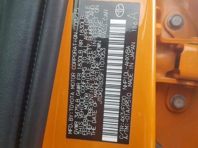 JTDKDTB35F1107053 - 2015 TOYOTA PRIUS C ORANGE photo 10