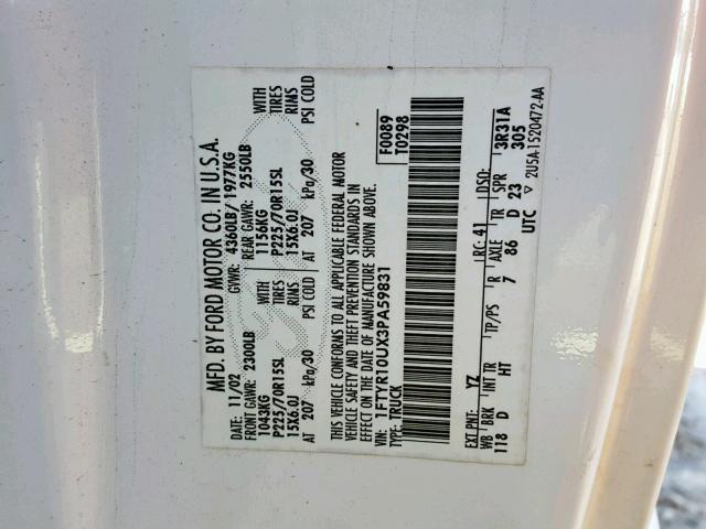 1FTYR10UX3PA59831 - 2003 FORD RANGER WHITE photo 10