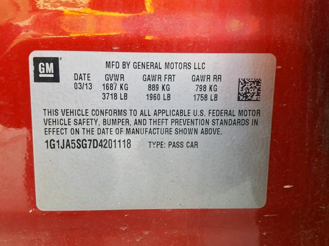 1G1JA5SG7D4201118 - 2013 CHEVROLET SONIC LS 红色 照片 10