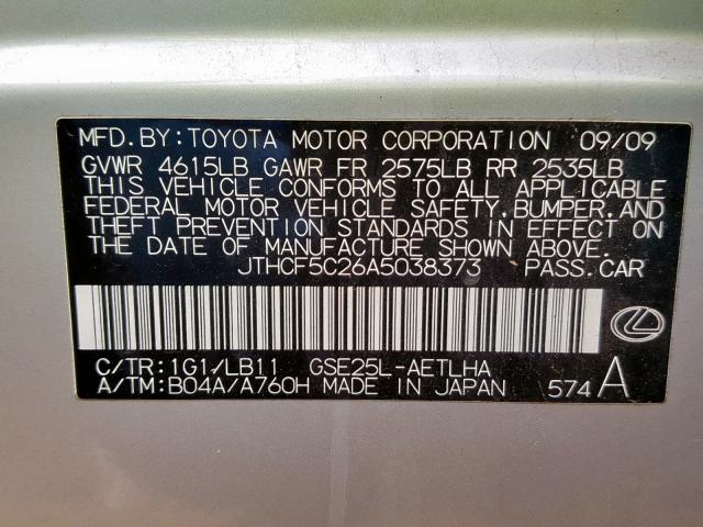 JTHCF5C26A5038373 - 2010 LEXUS IS 250 SILVER photo 10