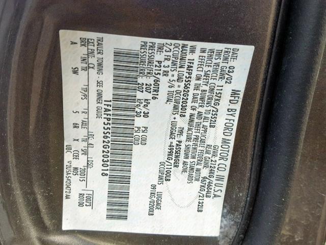 1FAFP55S62G203018 - 2002 FORD TAURUS SES GRAY photo 10