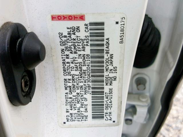 JTHBF30G420041108 - 2002 LEXUS ES 300 WHITE photo 10