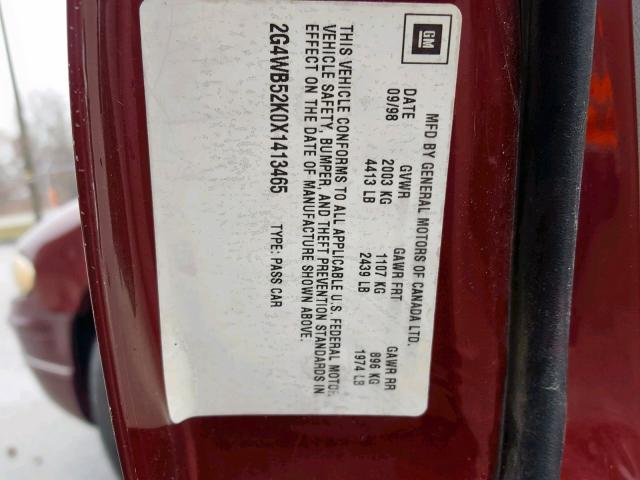 2G4WB52K0X1413465 - 1999 BUICK REGAL LS BURGUNDY photo 10