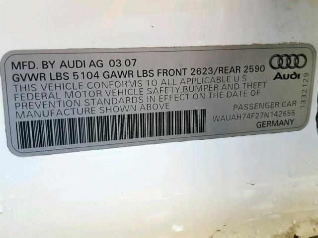 WAUAH74F27N142655 - 2007 AUDI A6 3.2 WHITE photo 10