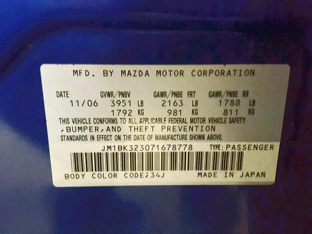 JM1BK323071678778 - 2007 MAZDA 3 S BLUE photo 10