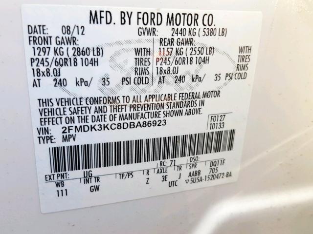 2FMDK3KC8DBA86923 - 2013 FORD EDGE LIMIT WHITE photo 10