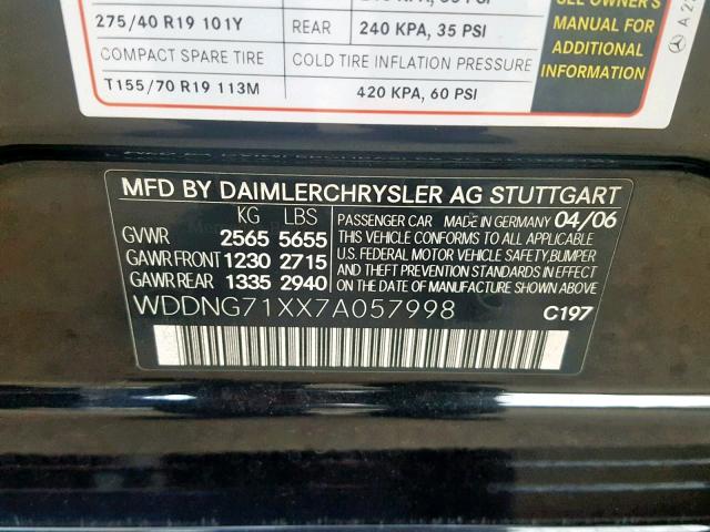 WDDNG71XX7A057998 - 2007 MERCEDES-BENZ S 550 BLACK photo 10