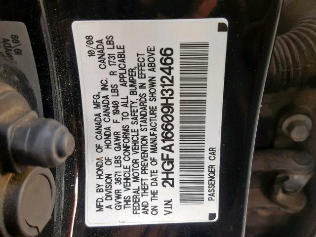 2HGFA16609H312466 - 2009 HONDA CIVIC BLACK photo 10