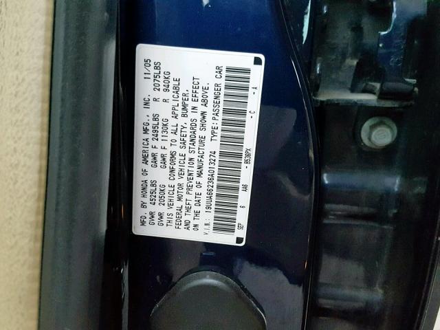 19UUA66236A013274 - 2006 ACURA 3.2TL BLUE photo 10