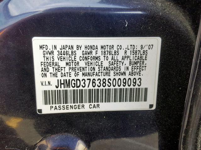 JHMGD37638S009093 - 2008 HONDA FIT SPORT BLUE photo 10