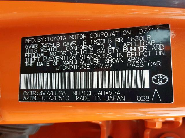 JTDKDTB33E1076691 - 2014 TOYOTA PRIUS C ORANGE photo 10