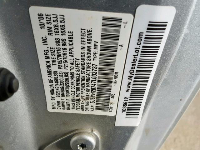 5J6YH28747L003737 - 2007 HONDA ELEMENT EX SILVER photo 10