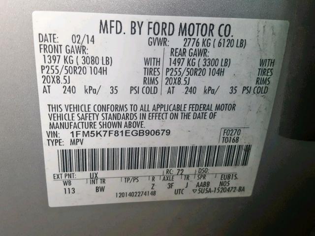 1FM5K7F81EGB90679 - 2014 FORD EXPLORER L SILVER photo 10