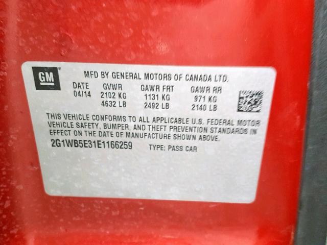 2G1WB5E31E1166259 - 2014 CHEVROLET IMPALA LIM RED photo 10