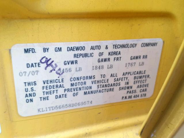 KL1TD56658B069574 - 2008 CHEVROLET AVEO BASE ყვითელი ფოტო 10