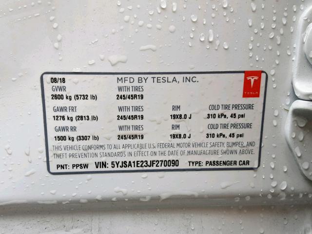 5YJSA1E23JF270090 - 2018 TESLA MODEL S WHITE photo 10