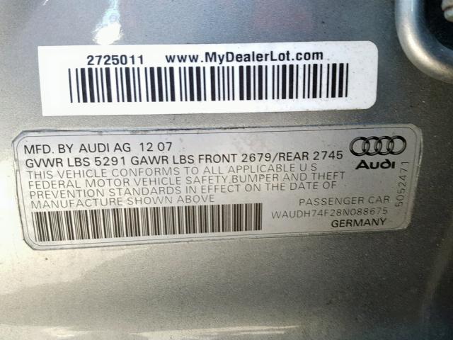 WAUDH74F28N088675 - 2008 AUDI A6 3.2 QUA GRAY photo 10