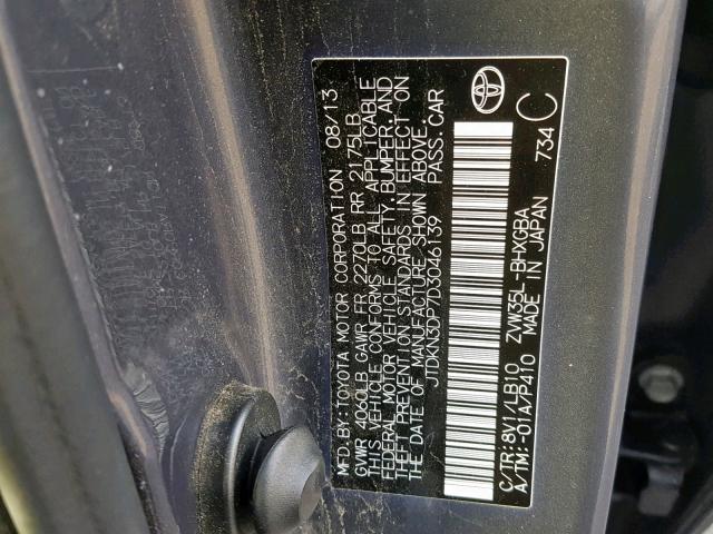 JTDKN3DP7D3046139 - 2013 TOYOTA PRIUS PLUG GRAY photo 10