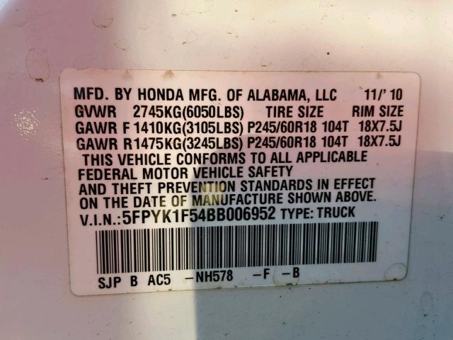 5FPYK1F54BB006952 - 2011 HONDA RIDGELINE WHITE photo 10