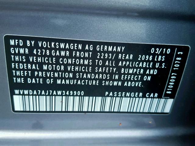 WVWDA7AJ7AW349900 - 2010 VOLKSWAGEN GOLF 灰色 照片 10