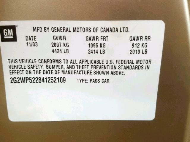 2G2WP522841252109 - 2004 PONTIAC GRAND PRIX BEIGE photo 10