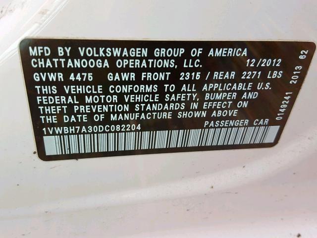 1VWBH7A30DC082204 - 2013 VOLKSWAGEN PASSAT SE WHITE photo 10