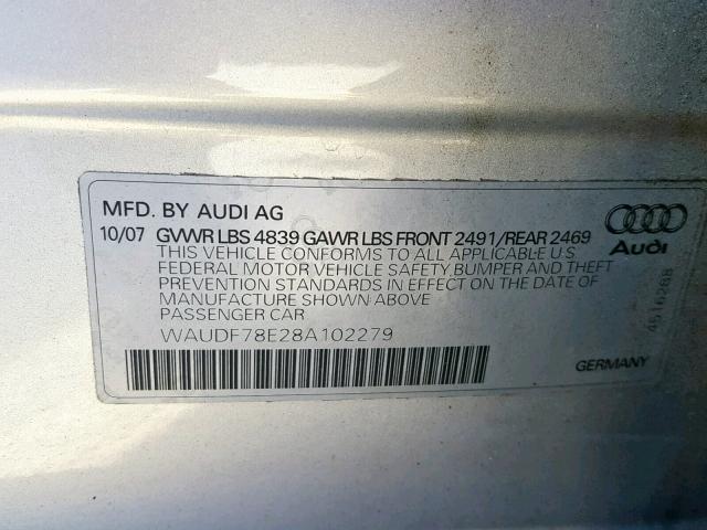 WAUDF78E28A102279 - 2008 AUDI A4 2.0T QU SILVER photo 10