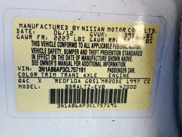 3N1AB6AP3CL757191 - 2012 NISSAN SENTRA 2.0 WHITE photo 10