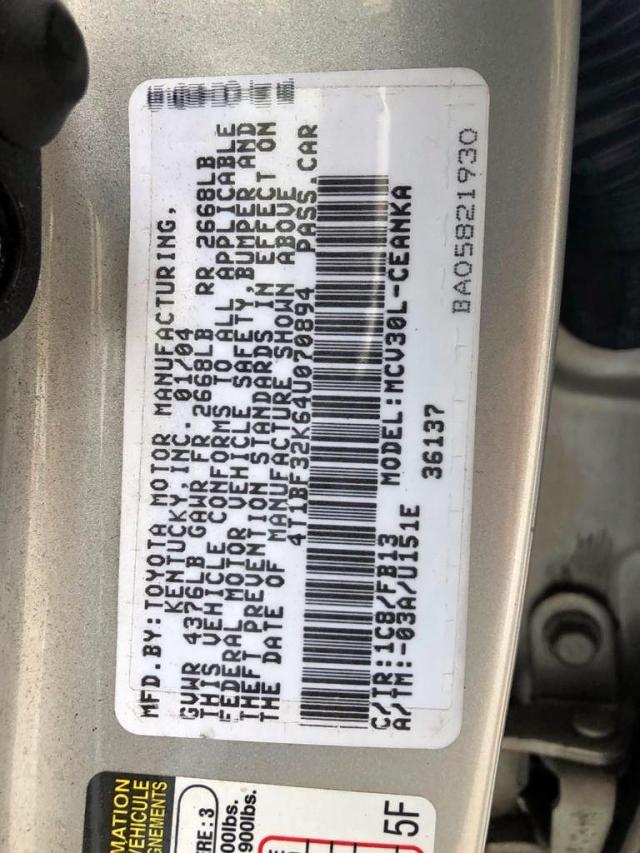 4T1BF32K64U070894 - 2004 TOYOTA CAMRY LE SILVER photo 10