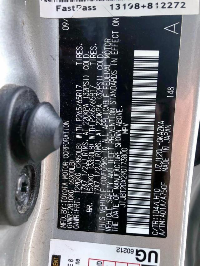 JTJBT20X290173800 - 2009 LEXUS GX 470 SILVER photo 10