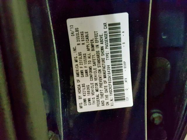 1HGCR2F80DA184384 - 2013 HONDA ACCORD EXL BLUE photo 10