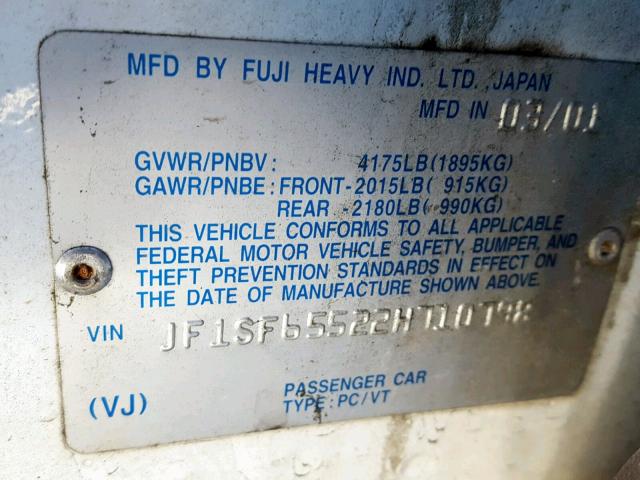 JF1SF65522H710798 - 2002 SUBARU FORESTER S თეთრი ფოტო 10