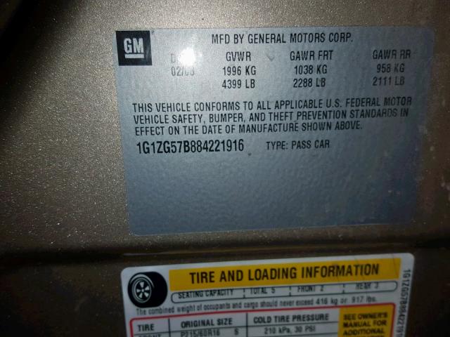 1G1ZG57B884221916 - 2008 CHEVROLET MALIBU LS ოქროსფერი ფოტო 10