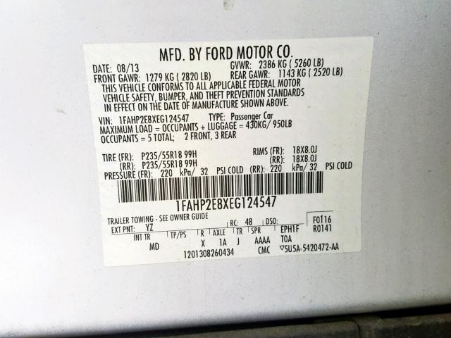 1FAHP2E8XEG124547 - 2014 FORD TAURUS SEL WHITE photo 10