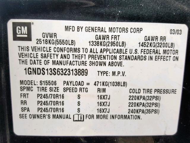 1GNDS13S632313889 - 2003 CHEVROLET TRAILBLAZE GRAY photo 10