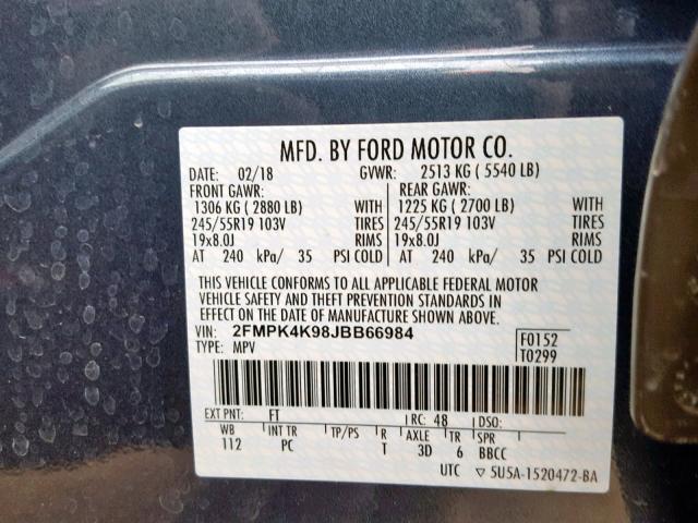 2FMPK4K98JBB66984 - 2018 FORD EDGE TITAN BLUE photo 10