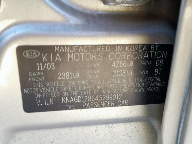 KNAGD128645299012 - 2004 KIA OPTIMA GOLD photo 10