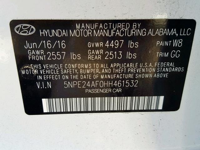 5NPE24AF0HH461532 - 2017 HYUNDAI SONATA SE WHITE photo 10