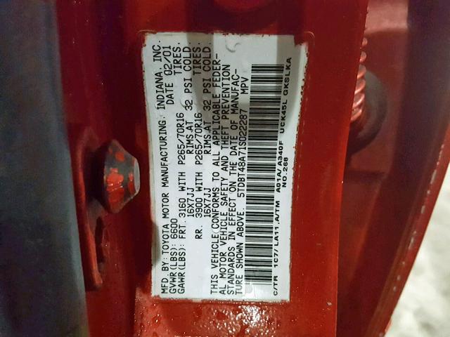 5TDBT48A71S022287 - 2001 TOYOTA SEQUOIA LI RED photo 10