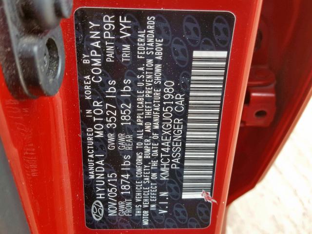 KMHCT4AEXGU051980 - 2016 HYUNDAI ACCENT SE RED photo 10