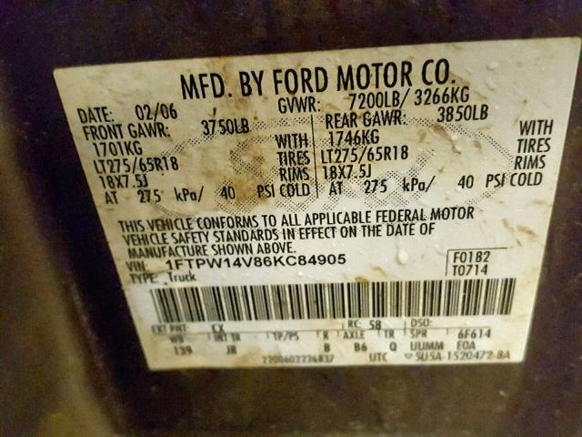 1FTPW14V86KC84905 - 2006 FORD F150 SUPER TAN photo 10