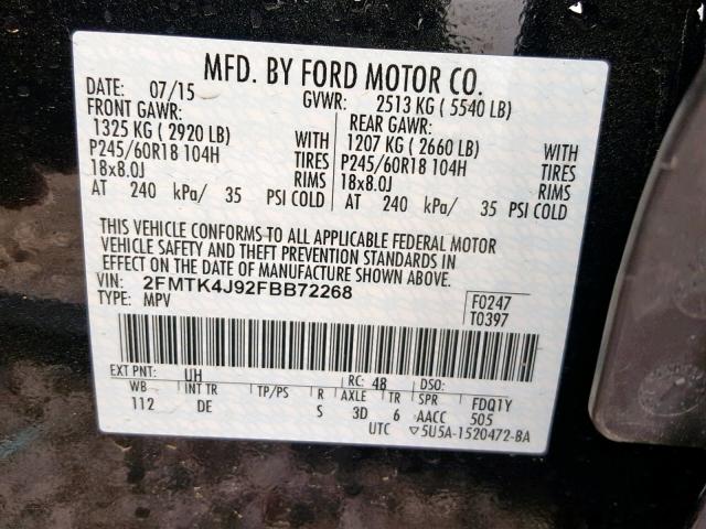 2FMTK4J92FBB72268 - 2015 FORD EDGE SEL BLACK photo 10