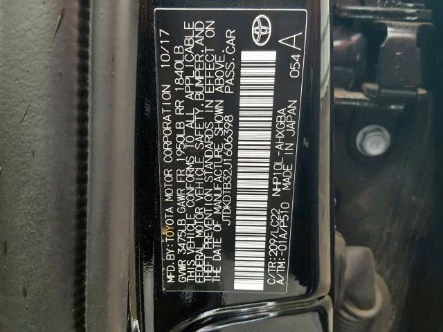 JTDKDTB32J1606398 - 2018 TOYOTA PRIUS C BLACK photo 10