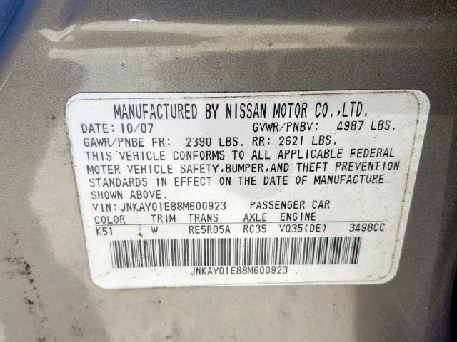 JNKAY01E88M600923 - 2008 INFINITI M35 BASE GRAY photo 10