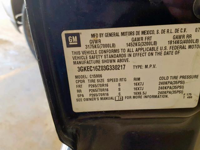 3GKEC16Z03G330217 - 2003 GMC YUKON XL C BLACK photo 10