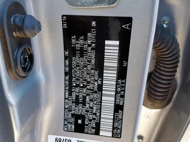 5TDJW5G15ES103952 - 2014 TOYOTA SEQUOIA LI SILVER photo 10