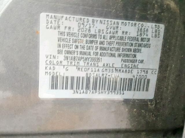 3N1AB7AP5HY399351 - 2017 NISSAN SENTRA S GRAY photo 10