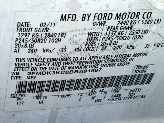 2FMDK3KC8BBA91987 - 2011 FORD EDGE LIMIT WHITE photo 10