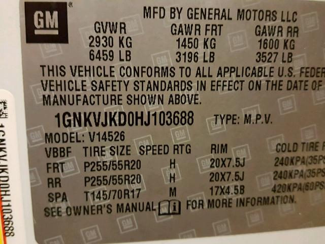 1GNKVJKD0HJ103688 - 2017 CHEVROLET TRAVERSE P WHITE photo 10