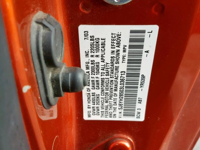 5J6YH28503L036713 - 2003 HONDA ELEMENT EX ORANGE photo 10